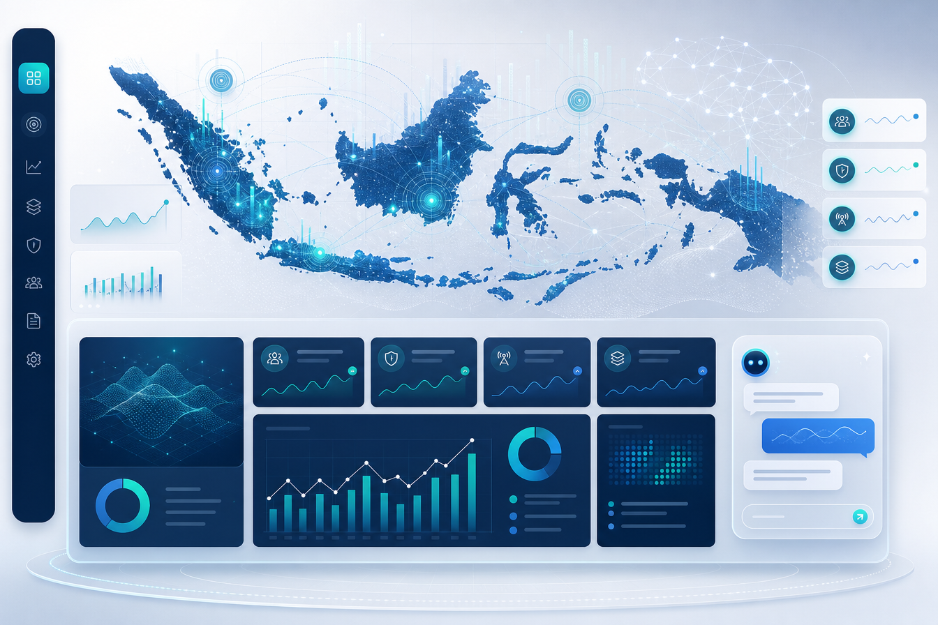 Enterprise Intelligence Platform dashboard preview with Indonesian map, KPI charts, and AI assistant